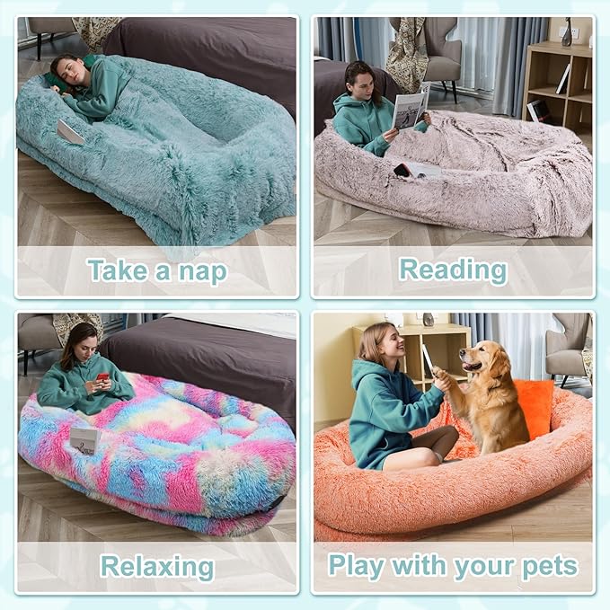 YAEM Human Dog Bed for Adult and Pets - 71"x45"x12" Dogs Beds for Humans with Washable Faux Fur Cover, Plump Pillow, Blanket, Orthopedic Design, Strap-Rainbow