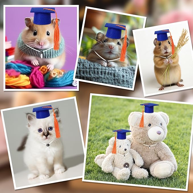 Eccliy 2 Pcs Pet Graduation Caps Mini Bachelor Hats with Tassel for Small Animal Guinea Pigs Hedgehog Bird Turtles Hamster Photo Props Graduation Festival Holiday Party Accessory(Blue Orange)