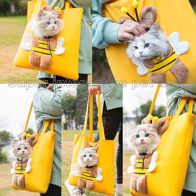 Bee-Shaped Show Head Pet Canvas Shaped Shoulder Bag,Pet Out Bag, Outcrop, Pet Out Shoulder Bag. (Bee-Large)
