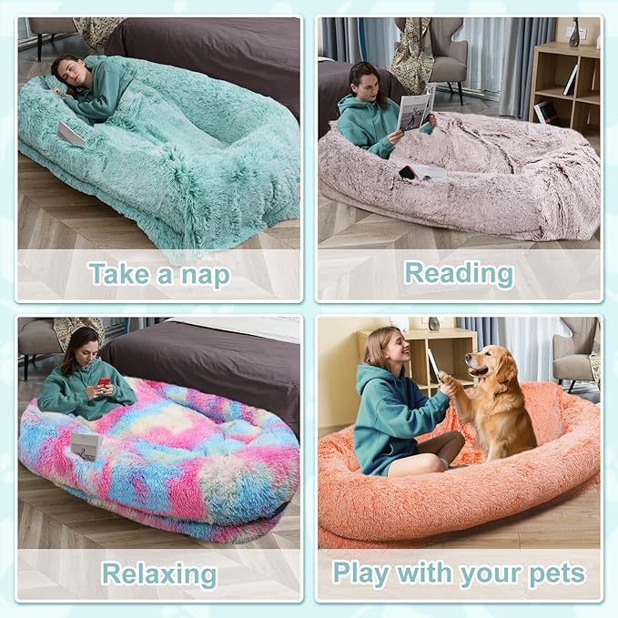 YAEM Human Dog Bed for Adult and Pets - 71"x45"x12" Dogs Beds for Humans with Washable Faux Fur Cover, Plump Pillow, Blanket, Orthopedic Design, Strap-RustWhite