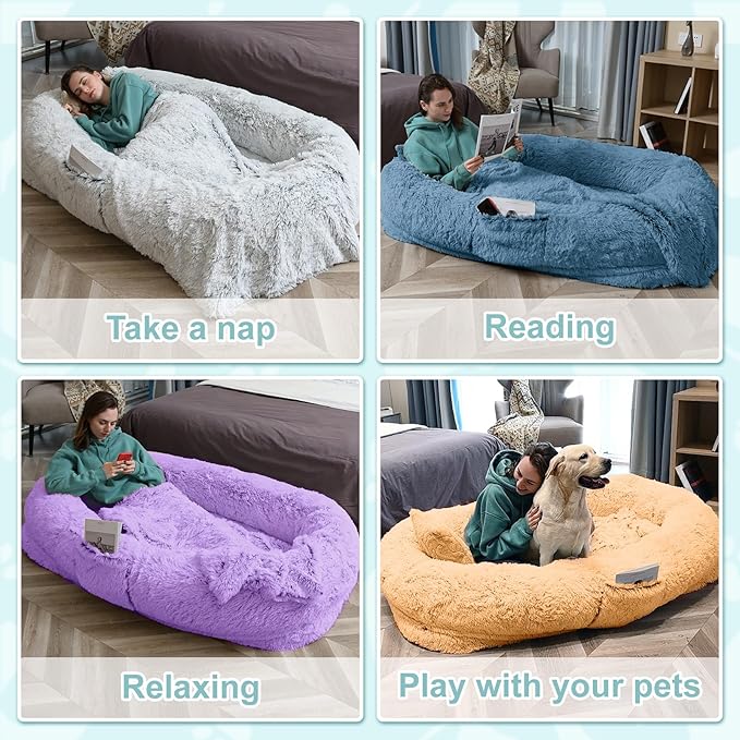 YAEM Human Dog Bed for Adult and Pets - 71"x45"x12" Dogs Beds for Humans with Washable Faux Fur Cover, Plump Pillow, Blanket, Orthopedic Design, Strap-Navy