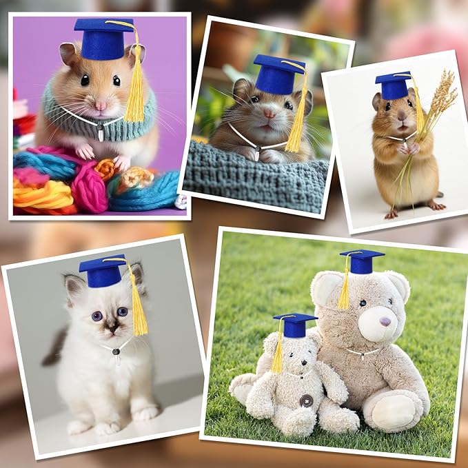 Eccliy 2 Pcs Pet Graduation Caps Mini Bachelor Hats with Tassel for Small Animal Guinea Pigs Hedgehog Bird Turtles Hamster Photo Props Graduation Festival Holiday Party Accessory(Blue Gold)