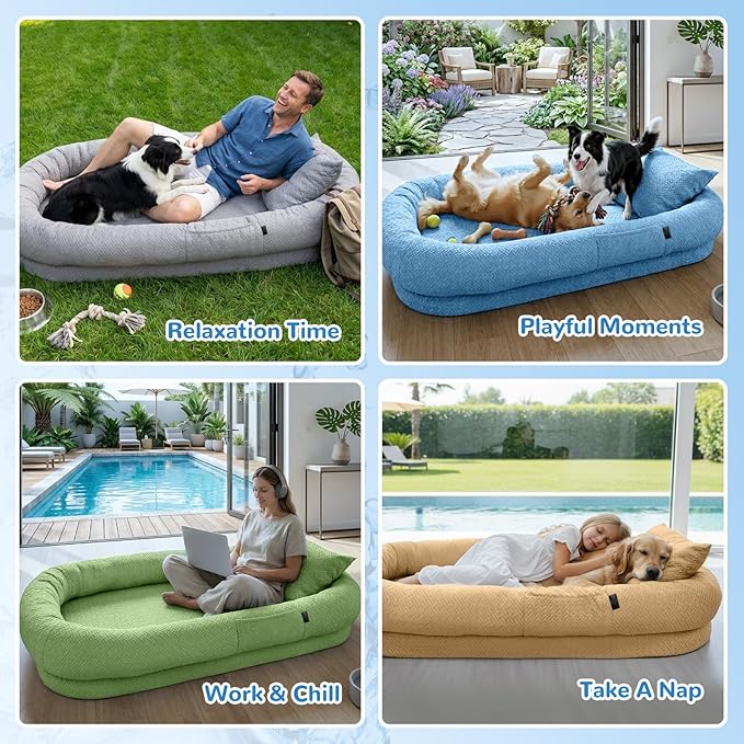 YAEM Cooling Human Dog Bed, 71"x45"x12" Breathable Human Size Dog Bed for Adults, Waterproof Giant Pet Beds with Washable Cover & Non-Skid Bottom, Glacier Grey