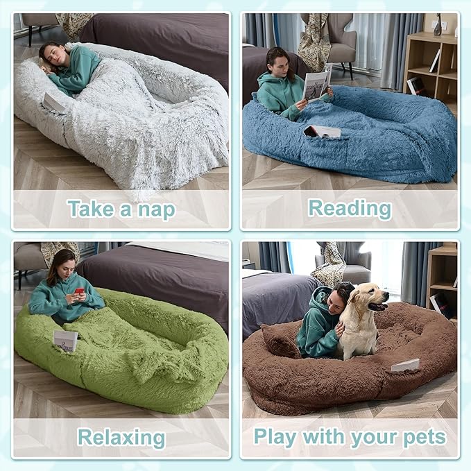 YAEM Human Dog Bed for Adult and Pets - 71"x45"x12" Dogs Beds for Humans with Washable Faux Fur Cover, Plump Pillow, Blanket, Orthopedic Design, Strap-GrassGreen