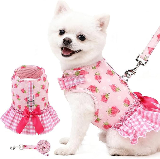 EXPAWLORER Dog Harness Small Medium Sized Dogs, Plaid Dog Dress Bowknot Harness and Leash Set, No Choke No Pull Soft Mesh Vest Cute Princess Puppy Outfits Clothes Costume for Girls Party Cats Pink M