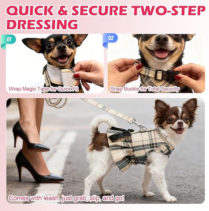 EXPAWLORER Dog Harness Small Medium Sized Dogs, Plaid Dog Dress Bowknot Harness and Leash Set, No Choke No Pull Soft Mesh Vest Cute Princess Puppy Outfits Clothes Costume for Girls Party Cats Pink M