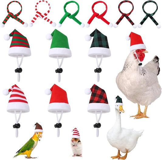JUNEBRUSHS Mini Santa Hats & Scarves, 12 Pcs Pet Christmas Accessories - Red, Green, White - Adjustable, Fits Small Breeds - Rabbit, Chicken, Duck, Cat, Hamster, Guinea Pig, Ferret, Hedgehog