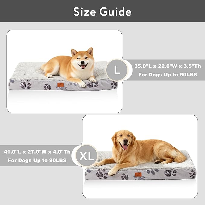 Large Dog Bed for Crate, 35x22 Inch Washable Crate Mat with Removable Cover & Anti-Slip Bottom, Comfy Orthopedic Egg Crate Foam Flat Pet Bed, Light Grey