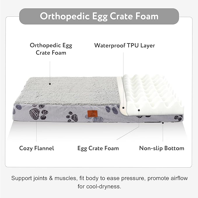 Large Dog Bed for Crate, 35x22 Inch Washable Crate Mat with Removable Cover & Anti-Slip Bottom, Comfy Orthopedic Egg Crate Foam Flat Pet Bed, Light Grey