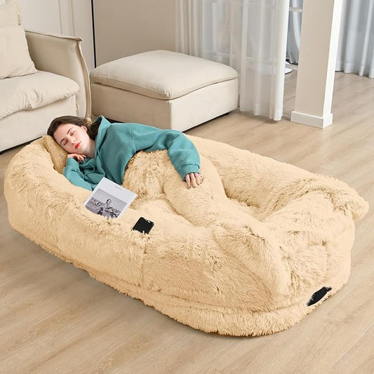 YAEM Human Dog Bed for Adult and Pets - 71"x45"x12" Washable Faux Fur People Dog Beds for Humans, Orthopedic Human Sized Pet Bed with Plump Pillow, Blanket, Beige