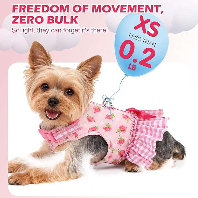 EXPAWLORER Dog Harness Small Medium Sized Dogs, Plaid Dog Dress Bowknot Harness and Leash Set, No Choke No Pull Soft Mesh Vest Cute Princess Puppy Outfits Clothes Costume for Girls Party Cats Pink M