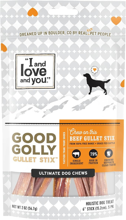 "I and love and you" Good Golly Beef Gullet Sticks - Grain Free Dog Chews, 100% Beef Treats for Dental Health, Free Range & Grass Fed Beef, 5 Pack of 6-Inch Sticks