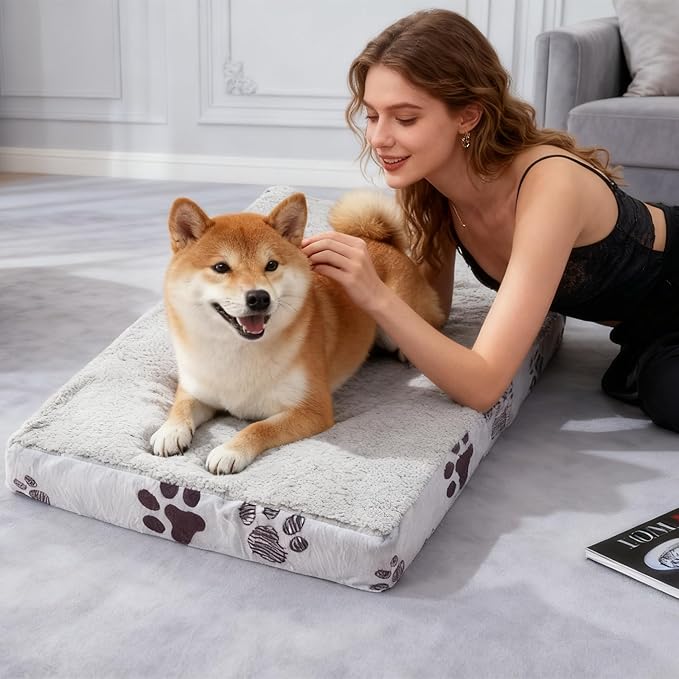 XL Dog Bed for Crate, 41x27 Inch Washable Crate Mat with Removable Cover & Anti-Slip Bottom, Comfy Orthopedic Egg Crate Foam Flat Pet Bed, Light Grey