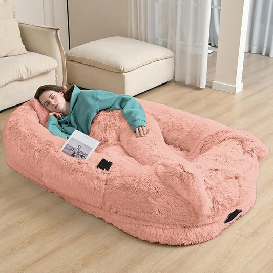 YAEM Pink Human Dog Bed, 71"x45"x12" Beds for Humans Size Fits You and Pets, Washable Faux Fur Bed People Doze Off, Napping Orthopedic Present Plump Pillow, Blanket