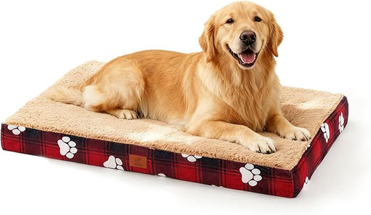 Large Dog Bed for Crate, 35x22 Inch Washable Crate Mat with Removable Cover & Anti-Slip Bottom, Comfy Orthopedic Egg Crate Foam Flat Pet Bed, Christmas Red