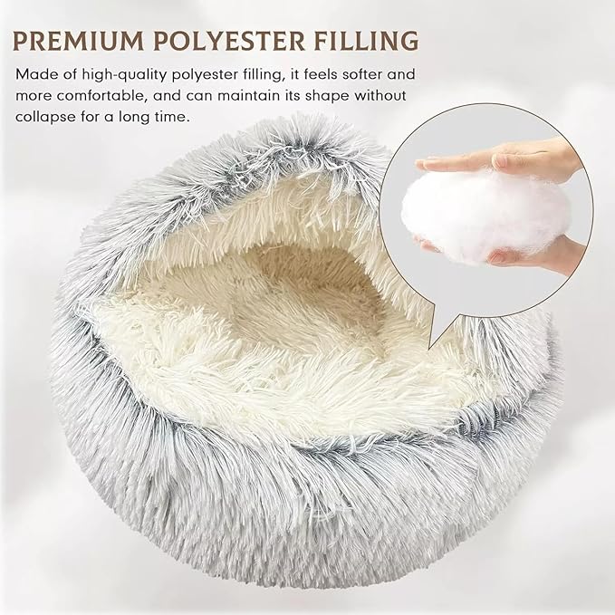 Cat Bed Round Fluffy Hooded Cat Bed Cave, Anti-Anxiety Cave Bed with Hooded Blanket, Cozy Cuddler Luxury Puppy Pet Bed, Anti-Slip Bottom and Machine Washable