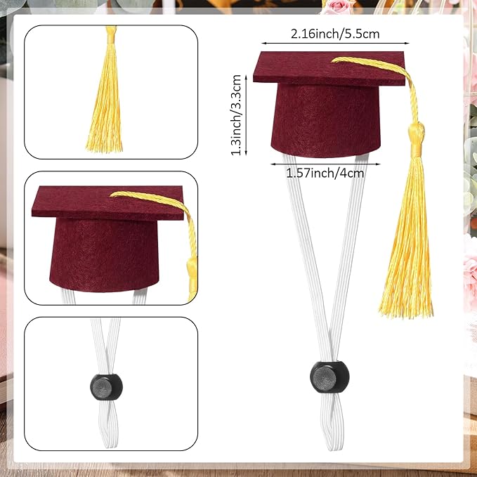 Eccliy 2 Pcs Pet Graduation Caps Mini Bachelor Hats with Tassel for Small Animal Guinea Pigs Hedgehog Bird Turtles Hamster Photo Props Graduation Festival Holiday Party Accessory(Wine Red Gold)