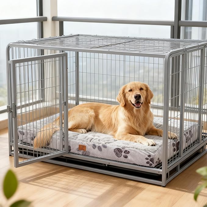 Large Dog Bed for Crate, 35x22 Inch Washable Crate Mat with Removable Cover & Anti-Slip Bottom, Comfy Orthopedic Egg Crate Foam Flat Pet Bed, Light Grey