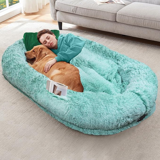 YAEM Human Dog Bed for Adult and Pets - 71"x45"x12" Dogs Beds for Humans with Washable Faux Fur Cover, Plump Pillow, Blanket, Orthopedic Design, Strap-GreenWhite