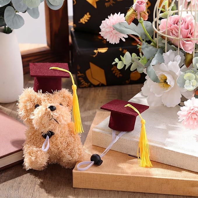 Eccliy 2 Pcs Pet Graduation Caps Mini Bachelor Hats with Tassel for Small Animal Guinea Pigs Hedgehog Bird Turtles Hamster Photo Props Graduation Festival Holiday Party Accessory(Wine Red Gold)