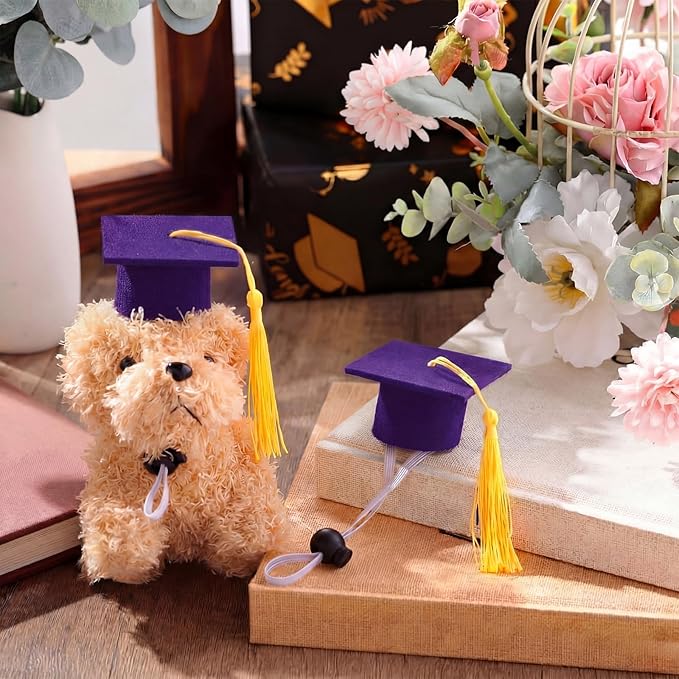 Eccliy 2 Pcs Pet Graduation Caps Mini Bachelor Hats with Tassel for Small Animal Guinea Pigs Hedgehog Bird Turtles Hamster Photo Props Graduation Festival Holiday Party Accessory(Purple Gold)