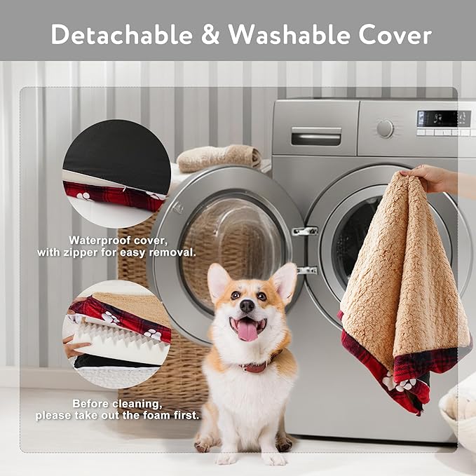 Large Dog Bed for Crate, 35x22 Inch Washable Crate Mat with Removable Cover & Anti-Slip Bottom, Comfy Orthopedic Egg Crate Foam Flat Pet Bed, Christmas Red