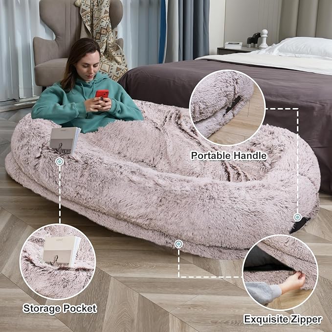 YAEM Human Dog Bed for Adult and Pets - 71"x45"x12" Dogs Beds for Humans with Washable Faux Fur Cover, Plump Pillow, Blanket, Orthopedic Design, Strap-RustWhite