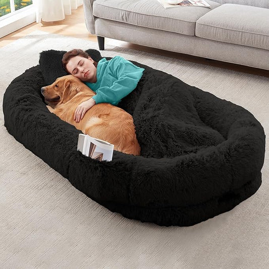 YAEM Black Human Dog Bed for Adult and Pets - 71"x45"x12" Dogs Beds for Humans with Washable Faux Fur Cover, Plump Pillow, Blanket, Orthopedic Design & Strap