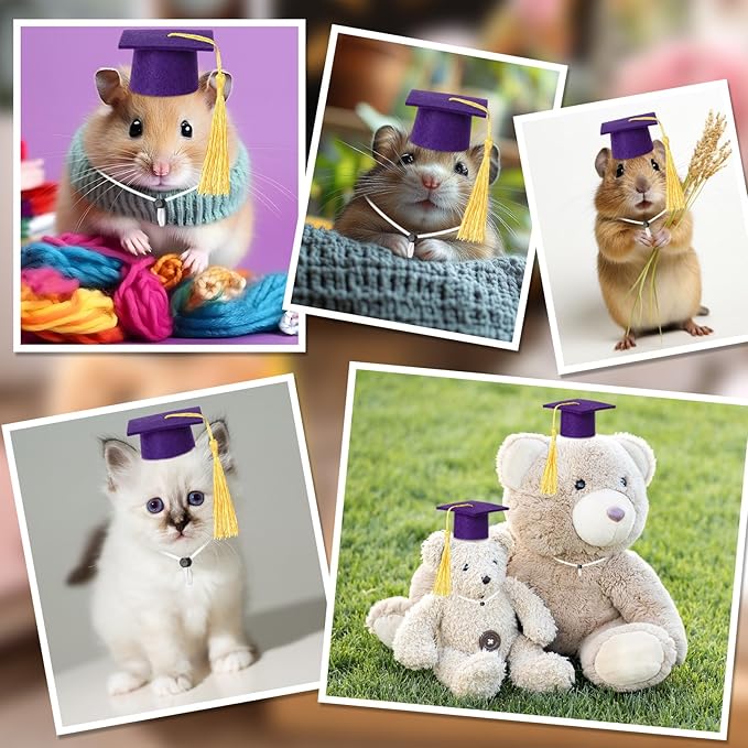 Eccliy 2 Pcs Pet Graduation Caps Mini Bachelor Hats with Tassel for Small Animal Guinea Pigs Hedgehog Bird Turtles Hamster Photo Props Graduation Festival Holiday Party Accessory(Purple Gold)