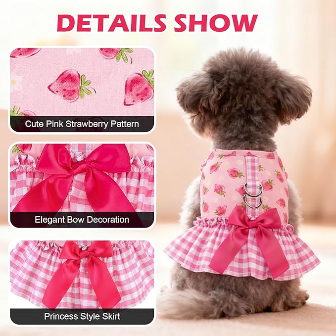 EXPAWLORER Dog Harness Small Medium Sized Dogs, Plaid Dog Dress Bowknot Harness and Leash Set, No Choke No Pull Soft Mesh Vest Cute Princess Puppy Outfits Clothes Costume for Girls Party Cats Pink M