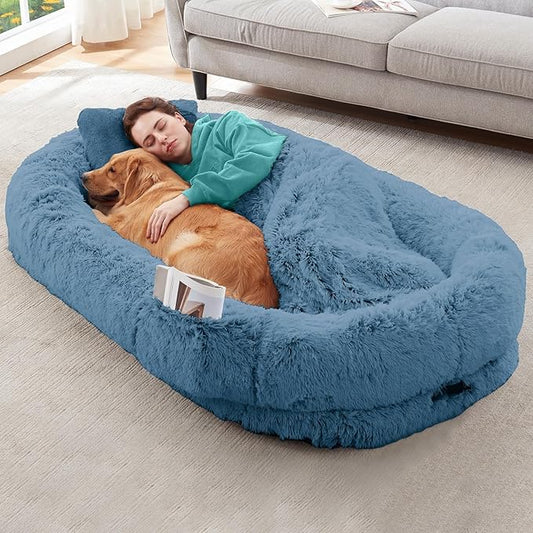 YAEM Human Dog Bed for Adult and Pets - 71"x45"x12" Dogs Beds for Humans with Washable Faux Fur Cover, Plump Pillow, Blanket, Orthopedic Design, Strap-Navy