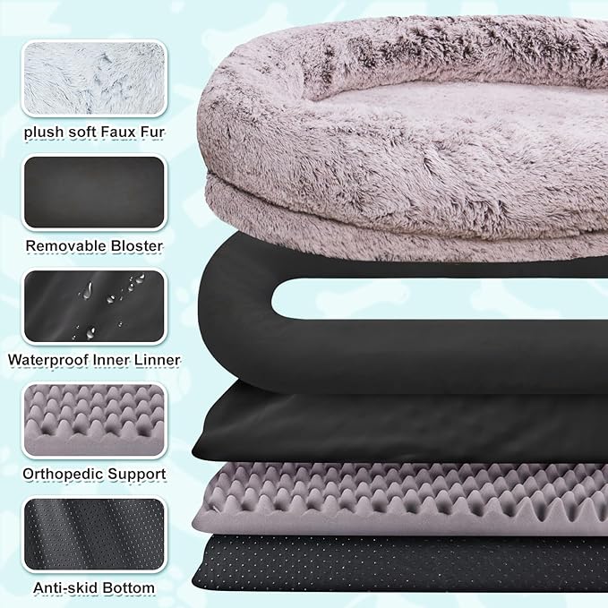 YAEM Human Dog Bed for Adult and Pets - 71"x45"x12" Dogs Beds for Humans with Washable Faux Fur Cover, Plump Pillow, Blanket, Orthopedic Design, Strap-RustWhite