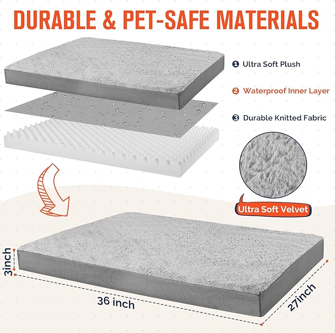 Simple Trending Orthopedic Dog Bed for Large Dogs, Egg Crate Foam & Removable Cover, Washable Pet Bed, 36 x 27 Inch, Gray