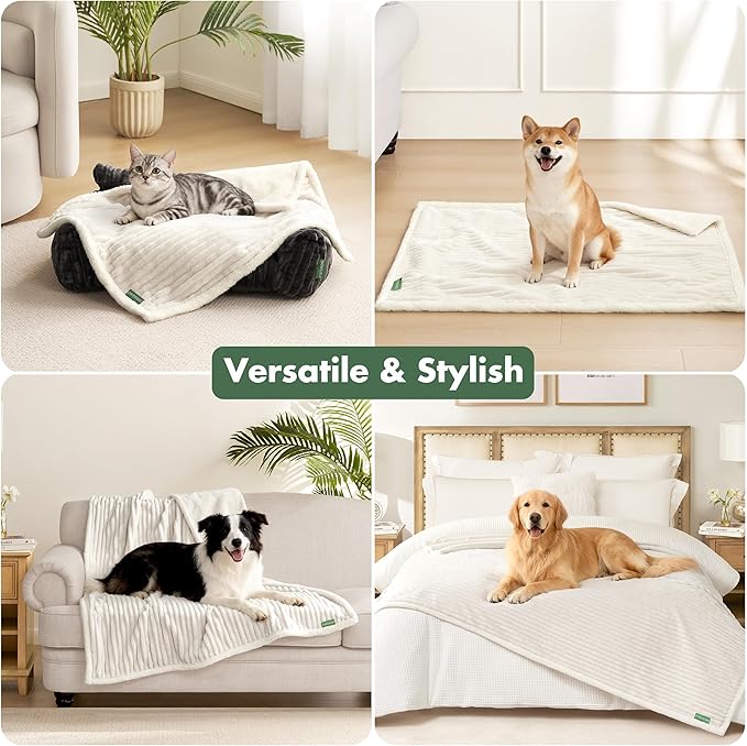 Waterproof Dog Blanket for Large Dogs - Washable Pet Throw Blanket for Couch Bed Protector, Cozy Fleece Calming Dog Blankets for Indoors & Outdoors, Cream, 50"x60"